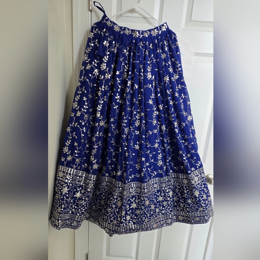 Blue Sequence With Silver Embroidery Work Georgette Lehenga Choli - Picture 5 of 13